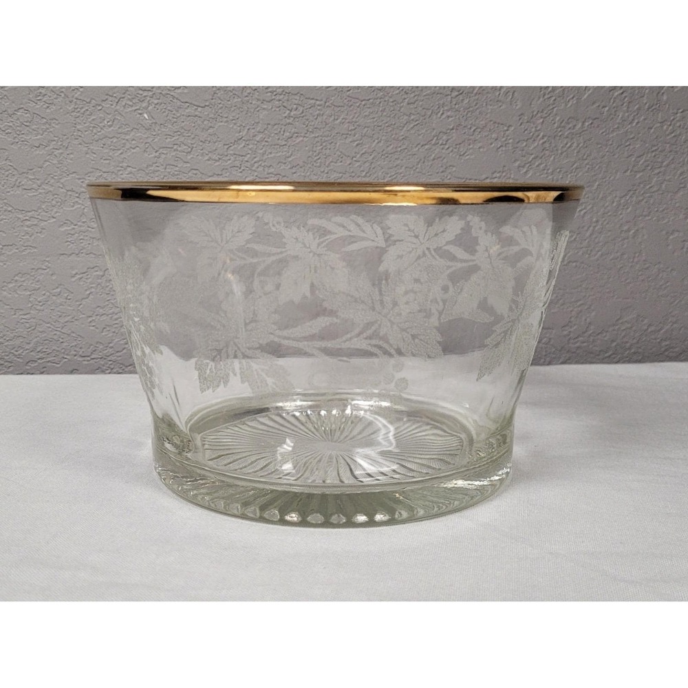Bartlett-Collins Etched Glass Bowl Ice Bucket Golden Grapes Vintage 1940s